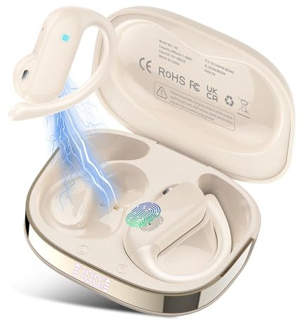 Open Ear Kopfhörer Bluetooth 5.4 HiFi Stereo, Kopfhörer Kabellos Bluetooth mit ENC Noise Cancelling Mic, 32 Std Ohrhörer mit Ohrhaken, IPX7 Wasserfest Sportkopfhörer für Laufen/Fitness/Reiten Weiß