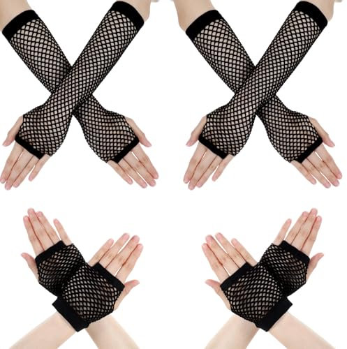 4 Paar Armstulpen Netz Schwarze Netzhandschuhe Arm Accessories Fishnet Fischnetz Handschuhe Lange Damen Opernhandschuhe für 80er Jahre Verkleidung Kostüm Party Lieferungen Cosplay Kostümzubehör