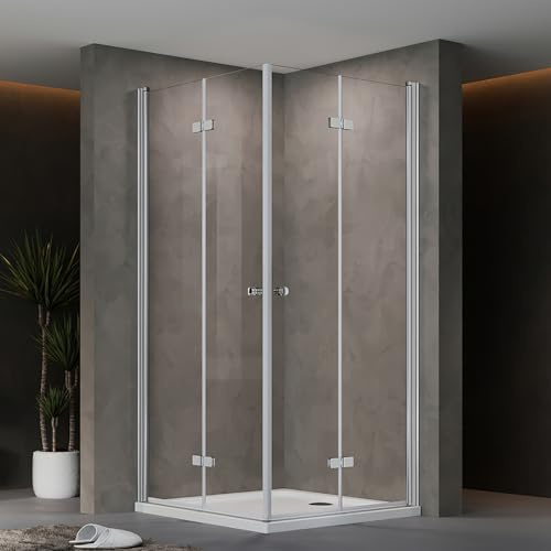 AQUENITH Duschkabine 70x75x185cm Eckeinstieg Doppel Falttüren Eckdusche | Rahmenlos Duschabtrennung mit 6mm Sicherheitsglas ESG Klarglas,Platzsparend,Hebe-Senk-System