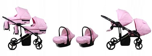 BabyLux® Kinderwagen Set 3 in 1 für Zwillinge - Trailux Duo - Light Pink - incl. Babywanne, Buggy Sportsitz, Auto-Babyschale - Autositz - Geschwisterwagen Zwillingskinderwagen mit Wickeltasche