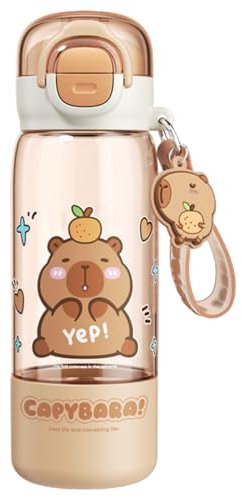 Huraoerrrr Botella de Agua de Capybara con Paja, 510 ml de Copa de Beber de Grado alimenticio Resistente al Calor con Tapa y Llavero para niñas para niños