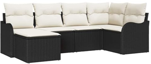 vidaXL Garten-Sofa-Set mit Kissen 6 pcs Schwarz und Weiß Poly Rattan, Garten- und Terrassenset, rechteckig, modern, höhenverstellbare Füße, langlebig, UV-beständig, Lounge-Sofa