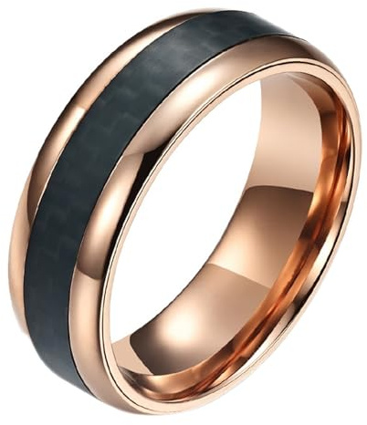 Calefee Eheringe Herren Einzeln Schlicht, Verlobungsring Mann Edelstahl Bandring Breit 8 mm Roségold mit Carbon, Größe 65
