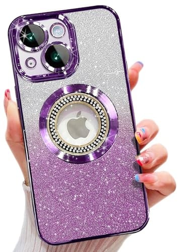 Misscase Glitter for iPhone 13 Magnetic Case,Cute Full Protection Slim Shockproof Anti-Scratch Bling Sparkly Case with Camera Lens Protector, Logo View Dust-Proof Net for Women Purple