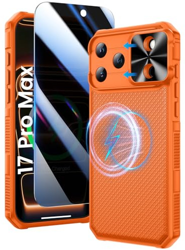 Doeshine for iPhone 17 Pro Max Case Screen Protector, Camera Cover, Orange | Privacy Screen,Slide Camera Cover, Military-Grade Drop Protection Rugged Hard Magnetic Phone Case Cover for iPhone 17 Pro Max