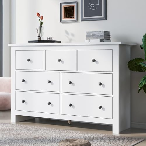 FammyLoft Chest of Drawers with 7 Drawers for Bedroom, White | Storage Cabinet, Storage Sideboard for Living Room Home Office Hallway, TV & Filing Cabinet, 152x40x89cm