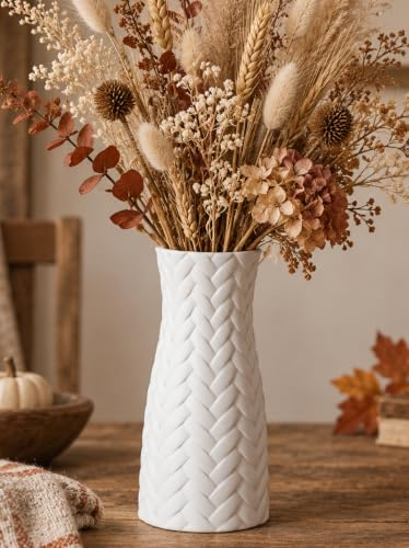 NUPTIO White Ceramic Vase for Flower: 22cm Farmhouse Pampas Grass Vases | Textured Woven-Look Surface, Decorative Modern Ribbed Centrepiece for Shelf, Coffee, Table, Living Room, Kitchen, Bedroom