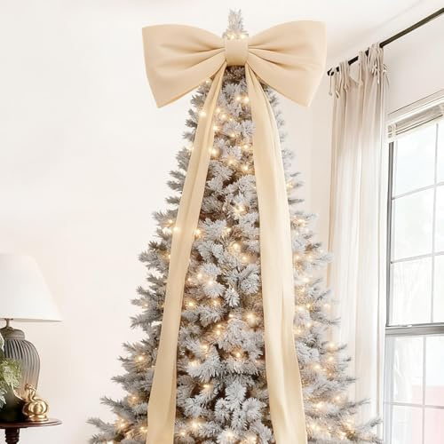 Christmas Tree Bows Large, 180CM Christmas Tree Topper Bow, Large Champagne Velvet Bows for C-hristmas Trees, Giant Champagne White Velvet Bow C-hristmas Decorations, for Window Mantle Wall Door Decor