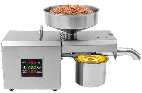 Elektrische Ölpresse 610W Kalt und Heiß Pressen Ölmühle mit Digitales Display, 3-5kg/h Pressgeschwindigkeit, Edelstahl Olivenölpresse für Nüsse Samen