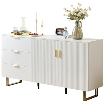 dowowdo Schlafzimmer Kommode, TV Sideboard Weiß, Flur Kommode mit 2 Türen, 3 Schubladen und 4 Staufächern - mit Goldakzenten, 160x40x81.5 cm