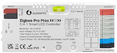 GLEDOPTO ZigBee 3.0 Contrôleur LED 5-en-1 RGBCCT RGBW RGB CCT avec variateur, fusible amovible de 20 A, commande vocale et compatibilité avec Alexa, H*ue, Tuya et l'application Smart Life