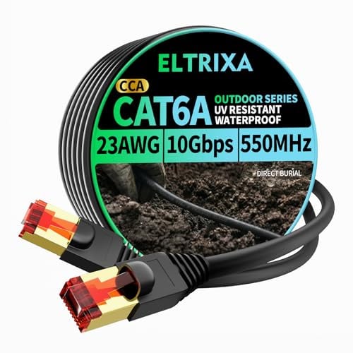ELTRIXA Cat6A Ethernet Cable 40M, Outdoor Direct Burial 23AWG High Speed Up to 10Gbps, LLDPE UV-Resistant Waterproof Jacket, CCA RJ45 Network Internet Cable - Black