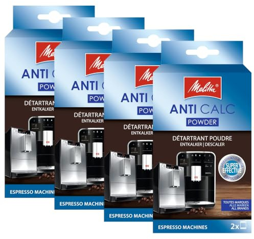 Melitta Anti Calc Entkalkungspulver (4er Pack) – Entkalker für Kaffeevollautomaten, Kaffeemaschinen & Espressomaschinen – Effektive Entfernung von Kalkablagerungen