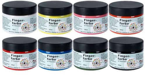 Ideen mit Herz Fingerfarben Set | 8 Farben x 150 ml | Wasserbasis | Weiß, Gelb, Orange, Rot, Pink, Blau, Grün, Schwarz | Auswaschbar | sicher und ungiftig