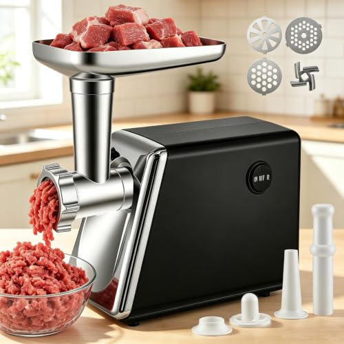 Fleischwolf Elektrisch, Fleischwolf Edelstahl mit Wurstfüller, Fleischbällchen-Aufsatz, 3 Schneidplatten, Abnehmbar und Waschbar, Leise, Hackfleisch Maschine für Hackfleisch, BARF & Haushalt