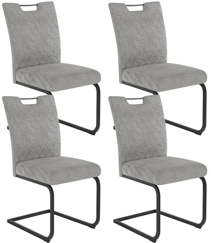 JIEXI Schwingstuhl Esszimmer 4er Set – Freischwinger Polsterstuhl mit extra dickem Sitzkissen, Stoffbezug Grau & gesteppter Rückenlehne, Metallkufen stabil, bis 113 kg (Hellgrau 4 Stühle)