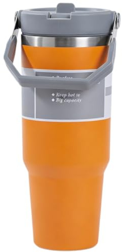 HXOOXH Metal Insulated Sports Water Bottle with Straw,Stainless Steel Travel Mugs for Hot Drinks Iced Coffee 30oz (890ml) Orange