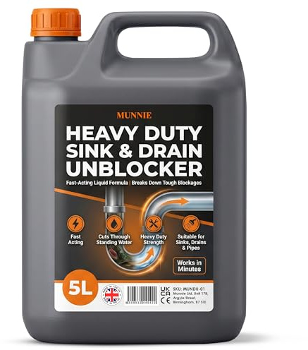 Munnie 5L Sink & Drain Unblocker Liquid - Heavy Duty Sink & Drain Cleaner, Toilet Unblocker for Plug Holes, Showers & Pipes – Fast Acting Blockage Remover for Kitchen, Bathroom & Outdoor Use
