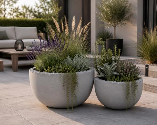 Beton Pflanzschale Rund Pflanzgefäß Blumenschale Pflanzkübel Betonschale Garten Terrasse Sparset (2er Set Ø31 cm + Ø39 cm)