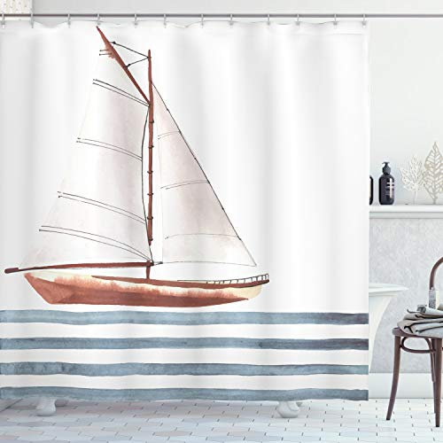 ABAKUHAUS Nautisch Duschvorhang, Thema Segeln Boot Wellen, Stoffliches Gewebe Badezimmerdekorationsset mit Haken, 175 x 180 cm, Zimt Blassblau