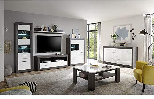 Lomadox Wohnwand Komplett Set mit Sideboard und Couchtisch, Betonoptik dunkel mit Hochglanz weiß, inkl. LED-Beleuchtung