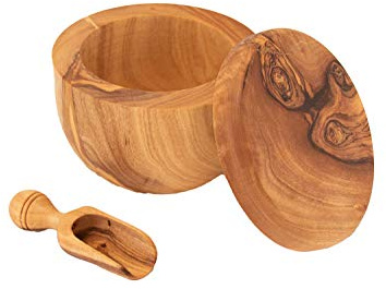 Salero, azucarero, recipiente con tapa de madera de olivo, aprox. 9 cm de diámetro con cuchara, pala de sal.