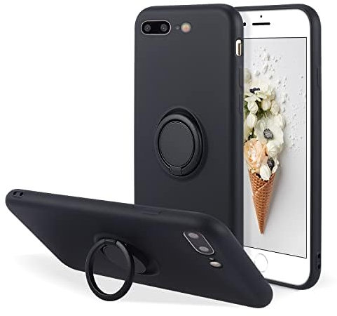 UEEBAI Case for iPhone 7 Plus iPhone 8 Plus, Ultra Slim Liquid Silicone Phone Case with 360 Rotatable Ring Holder Kickstand with Magnetic Car Mount Gel Rubber TPU Bumper Shockproof Cover - Black
