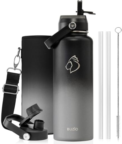 BUZIO 1,2L Edelstahl Trinkflasche isoliert mit Strohhalm & Ausgussdeckel | Große Wasser-Thermoflasche aus Metall, 48h kalt & 24h heiß, auslaufsichere Trinkflaschen,BPA-frei, für Fitnessstudio, Reisen