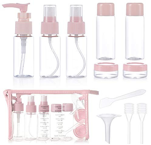 XiYee Bouteilles de Voyage Cosmetique, 10 Pcs Flacons Vides Transparents pour Liquides, Kit Avion pour Cosmétiques, Shampoing, Gel Douche, Crème (Pink)