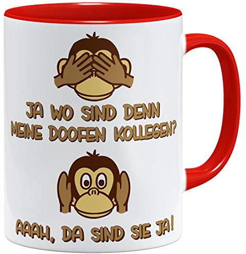 OM3® Lustige Arbeitskollegen Kaffee-Tasse mit Spruch - Büro Doofe Kollegen - Keramik Becher - 325ml - Beidseitig Bedruckt - Rot