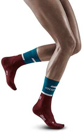 CEP - THE RUN COMPRESSION SOCKS MID CUT für Damen | Mittellange Laufsocken in petrol/dunkelrot mit Kompression | Regenerierende Kompressionsstrümpfe für Frauen | Gr. IV | L