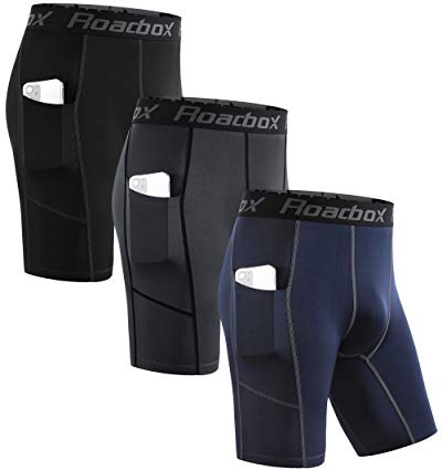 Roadbox Compression Shorts Mens 3 Pack with Pockets, Sports Underwear Base Layer Shorts, Quick-Drying Fabric Protect Leg Skin, for Running, Gym, Shorts, Cycling, Rugby