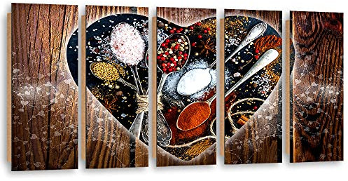 Feeby Quadro XXL 150x60 cm Spezie A forma di cuore Sale Pepe 5 pannelli d'Arte decorativo d' Arte Moderna Estetica Tavolo di legno Cucchiai Grani marrone