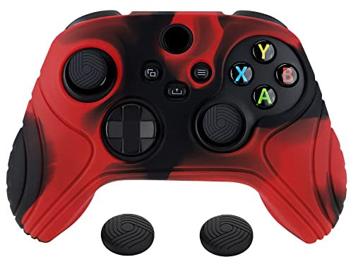 eXtremeRatePlayVital Samurai Edition Anti-Slip Controller Grip Silicone Skin, Ergonomic Soft Rubber Protective Case Cover for Xbox Series S/X Controller with Black Thumb Stick Caps - Red & Black