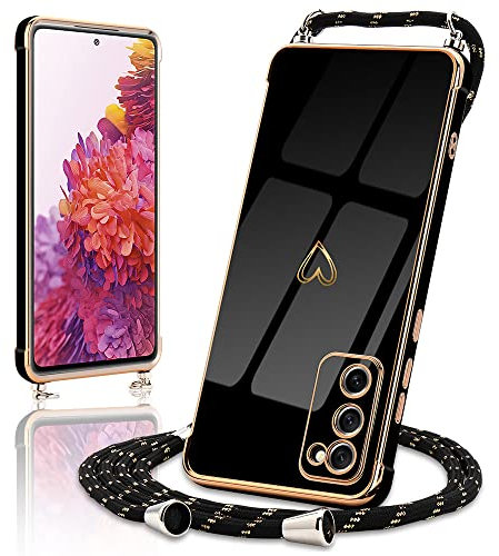 Micoden Handykette kompatibel mit Samsung Galaxy S20 FE 4G/S20 FE 5G Ultra dünn Kameraschutz Herz Love Design Galvanik TPU Silikon Bumper Kordel zum Umhängen Handyhülle mit Band Schutzhülle,Schwarz