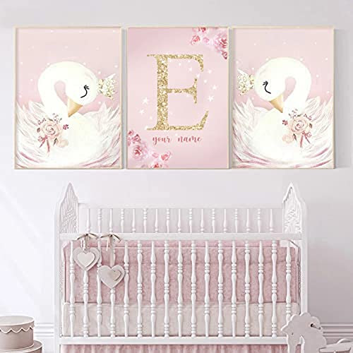 Youihom 3 Poster Personalisierte Kinder Name Bilder Mädchen Kinderzimmer Babyzimmer Dekoration Kunstdrucke Rose Schwan Text Leinwand Geschenk A3 ohne Rahmen