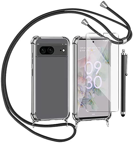Handykette für Google Pixel 7 Hülle mit Displayschutzfolie Schutzfolie, Necklace Handyhülle mit Abnehmbar Kordel zum Umhängen Transparent Silikon Schutzhülle mit Band in Schwarz