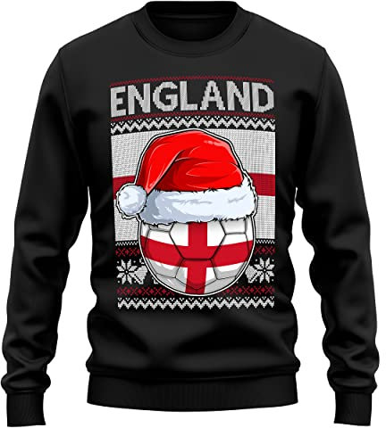 England Christmas Jumper Sweatshirt Unisex Mens and Womens Funny Santa Hat Flag with Football Xmas Fair Isle Ugly Sweater World Champions Gift Cup 2022, S, Black