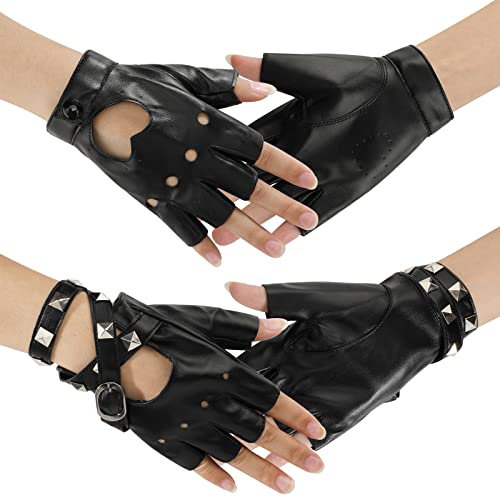 2 Paar Frauen Mädchen PU Leder Punk Rock Handschuhe, schwarze Fingerlose Handschuhe Herzausschnitt Halbe Finger Gothic Handschuhe Nieten Biker Handschuhe für Halloween Weihnachten Cosplay Kostüm