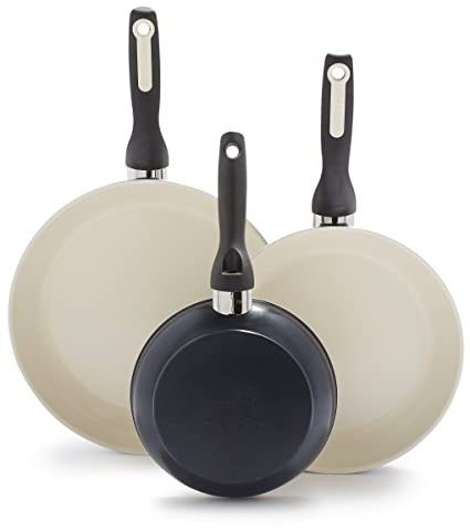 GreenPan Rio Hard Anodized Healthy Ceramic Nonstick, 8 10 and 12 3 Piece Frying Pan Skillet Set, Soft Grip Handle, PFAS-Free, Dishwasher Safe, Oven Safe, Black