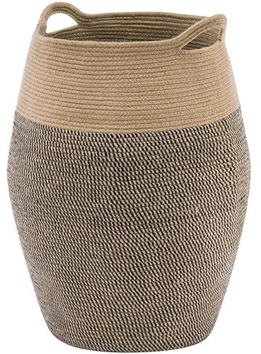 Laundry Basket, 65cm Tall Cotton Rope Storage with Handle in Bathroom Room for Dirty Clothes, Towel, Toys Storing, Tall Slim Woven Hamper, Dark Brown & Jute