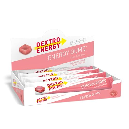 Dextro Energy Gums Fresa Ruibarbo + Vitaminas - 8x45g (Pack de 8) | High Carb Sport Gummies para aporte rápido de carbohidratos