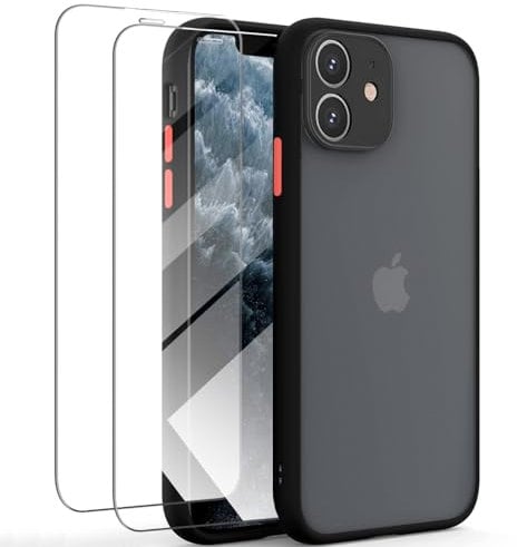 KIOMY Black Case for Phone 11 with 2pcs HD Tempered Glass Screen Protectors, Translucent Matte Protection Cover with Soft Edge, Hard PC and TPU