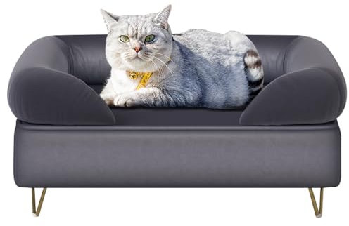PWTJ Haustier-Sofabett mit abnehmbarer Sicherheitsumrandung – 22,4 cm erhöhter Holzrahmen und Metallbeinen, weicher Samt, Katzen- und Hundebett für kleine, mittelgroße Haustiere, einfache Montage