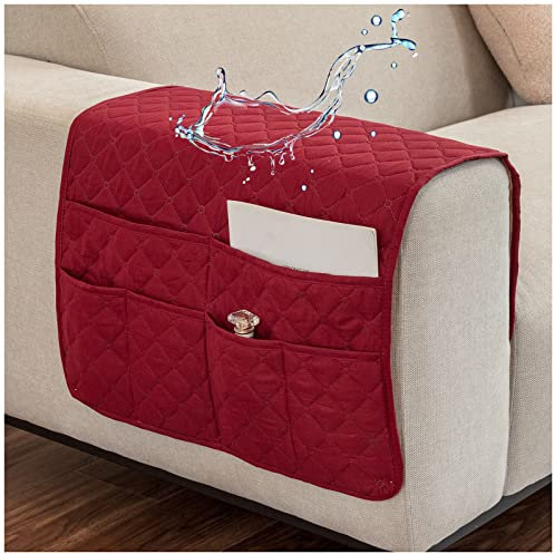 AWAV Organiseur pour Canapé et Fauteuil Imperméable et Antidérapant Sofa Accoudoir 6 Poches Support Organisateur de Chevet pour Tablette, téléphone, Tablette, Livre, télécommande TV (Vin Rouge)