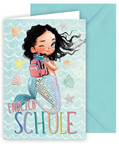 KE - Märchenhafte Glückwunschkarte zur Einschulung, Karte zum Schulanfang, exklusive Folienprägung, B6 Format 17,0 x 11,5 cm, inklusive Umschlag, perfekt zum Schulanfang, Motiv: Meerjungfrau