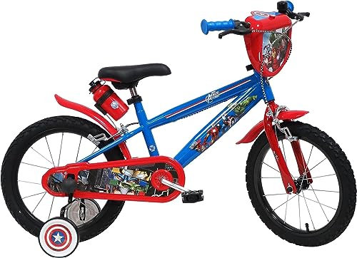 albri 16, Bicicletta da 14 Pollici Avengers, con stabilizzatori Laterali, Borraccia e Scudo Anteriore Personalizzato. Made in Italy Bambino, Rosso