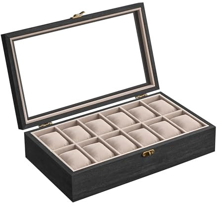 SONGMICS Scatola per Orologi, Scatola Porta Orologi a 12 Scomparti, Portaorologi in Legno con Coperchio in Vetro e Cuscinetti Rimovibili, Idea Regalo, Nero Ebano JOW120B01