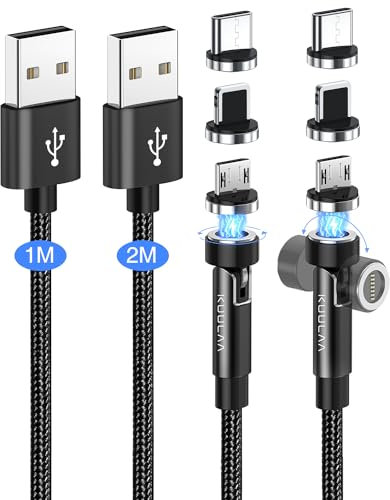 Kuulaa Cavo Magnetico USB C, [1M+2M] Rotante di 360° e 180°, Ricarica Rapida 3A e Trasferimento Dati, Cavo di Ricarica Magnetico compatibile con USB C/Micro USB/iProdotti
