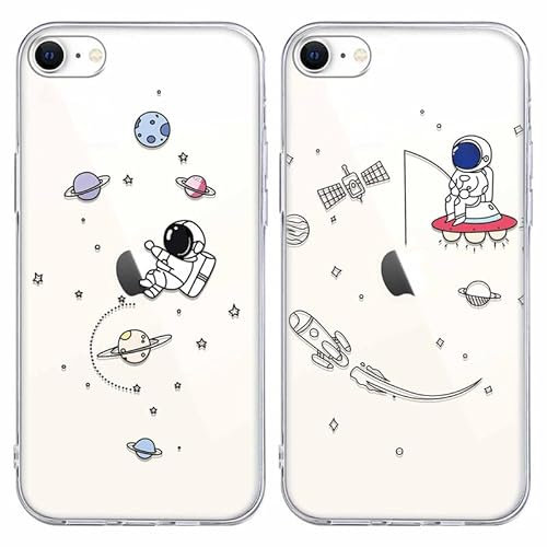 Yoedge 2 pièces Coque pour Apple iPhone 8/7/SE 2020/SE 2022 4,7, Ultra Fine Etui Transparente TPU Souple Cover avec Mignon Motif Dessin, Housse de Protection Antichoc Case pour iPhone 8, Astronaute 1
